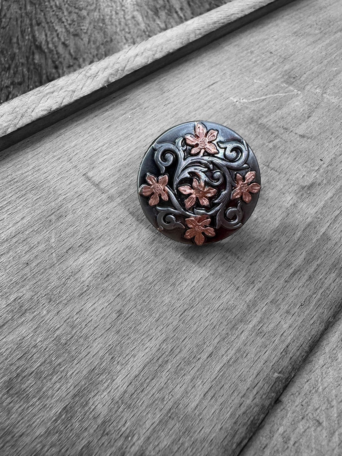 100% Silk Wild Rag Scarf Slide Keeper Brooch by Double B Wild Rags Rose Gold and Antique Silver Floral Design