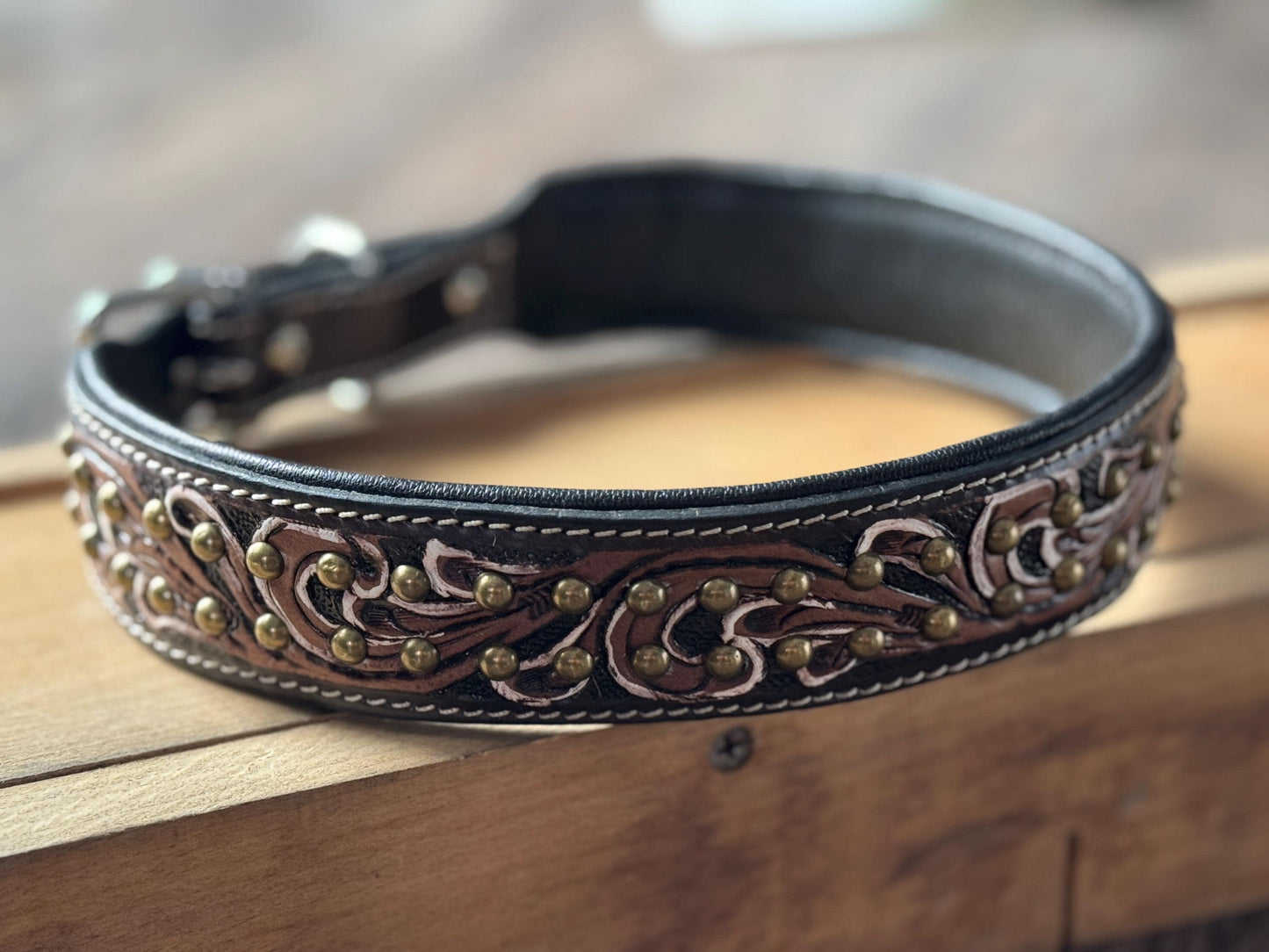 Western leather dog collar tooled or beaded details skull sunflower feather rhinestone