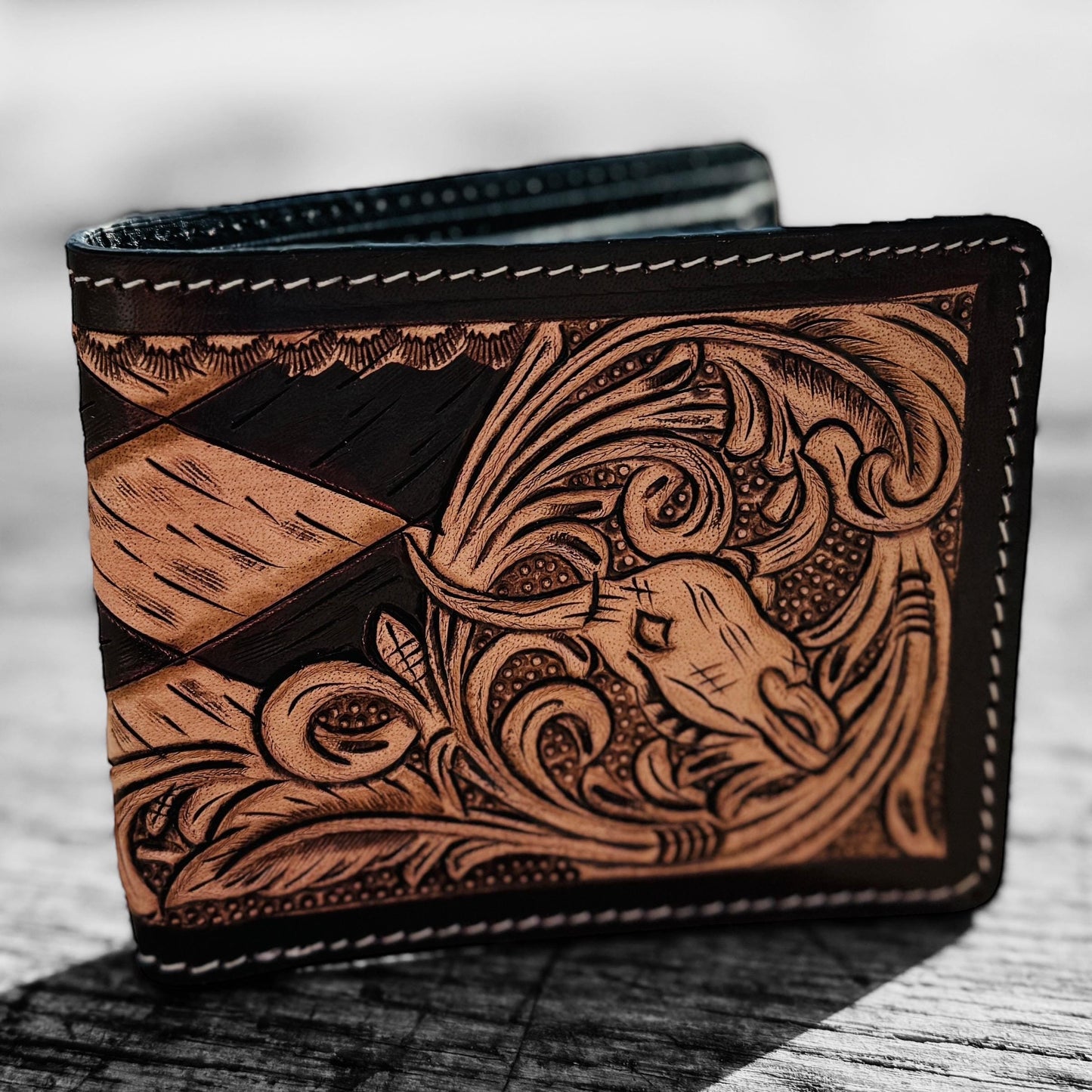 Men’s Western bi-fold wallet tooled floral Cow Skull Aces Cards details by Double B Wild Rags