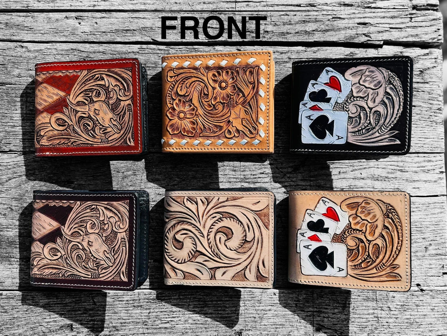 Men’s Western bi-fold wallet tooled floral Cow Skull Aces Cards details by Double B Wild Rags