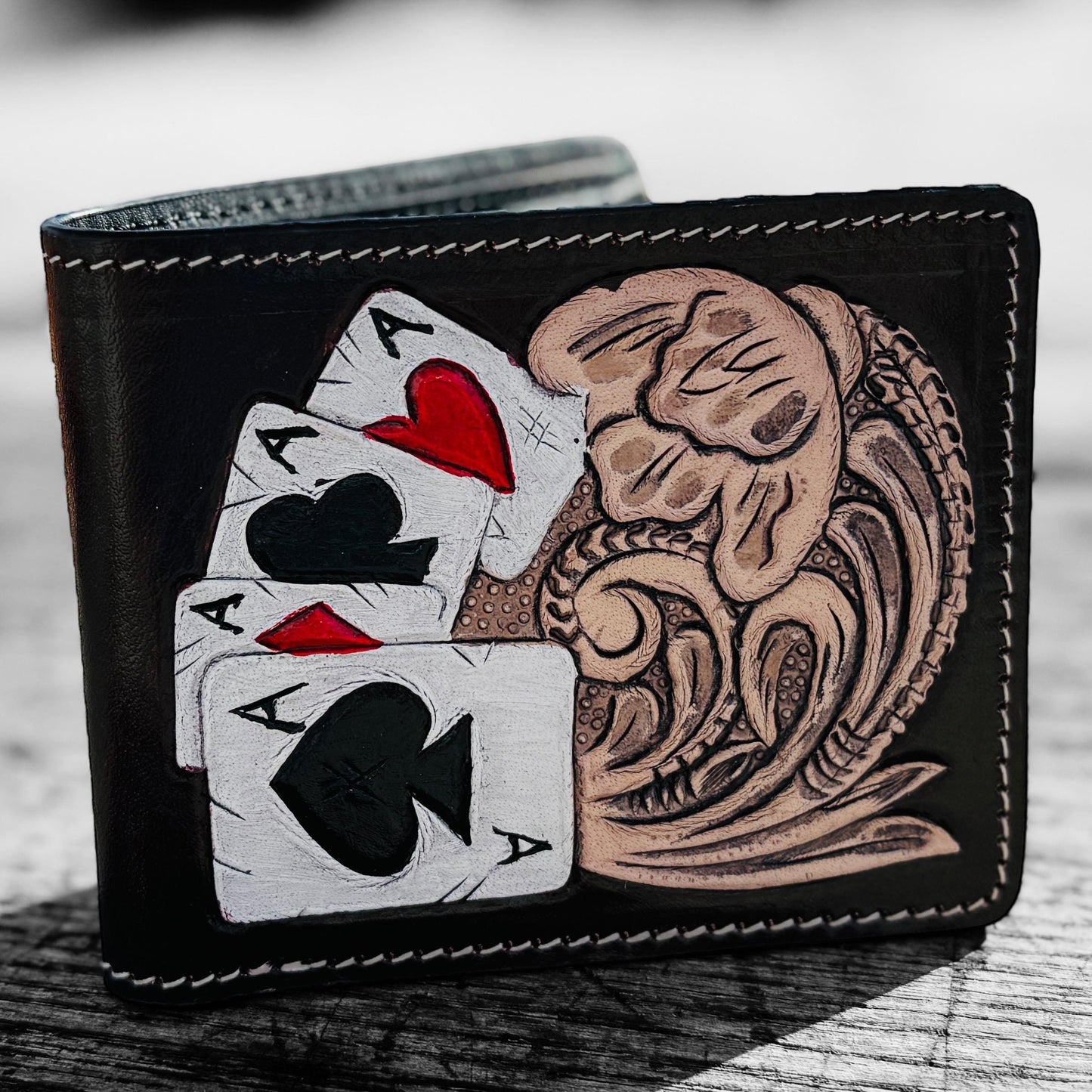 Men’s Western bi-fold wallet tooled floral Cow Skull Aces Cards details by Double B Wild Rags