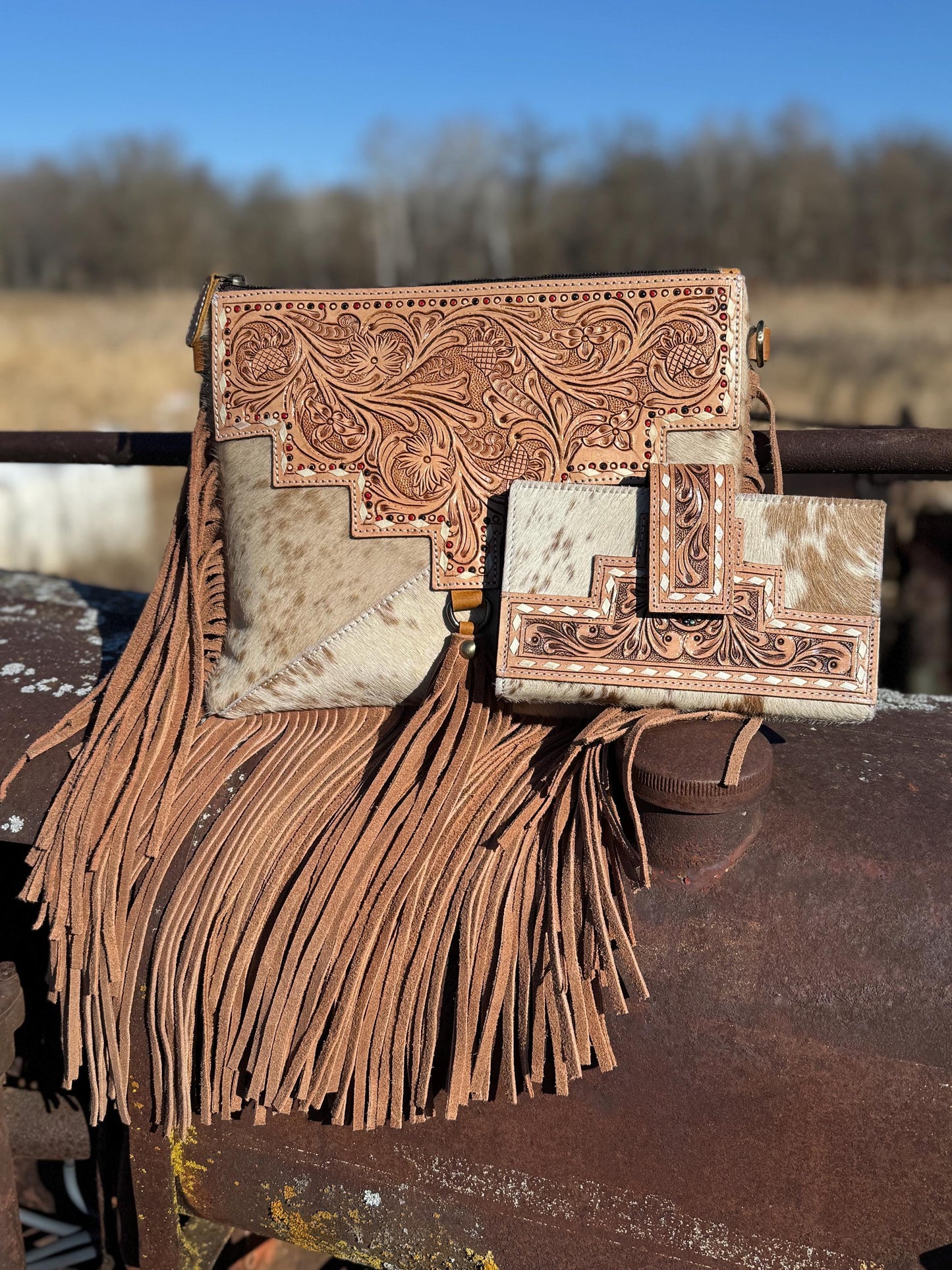 Genuine Western Cowhide Leather Purse and Wallet with details and fringe by Double B Wild Rags