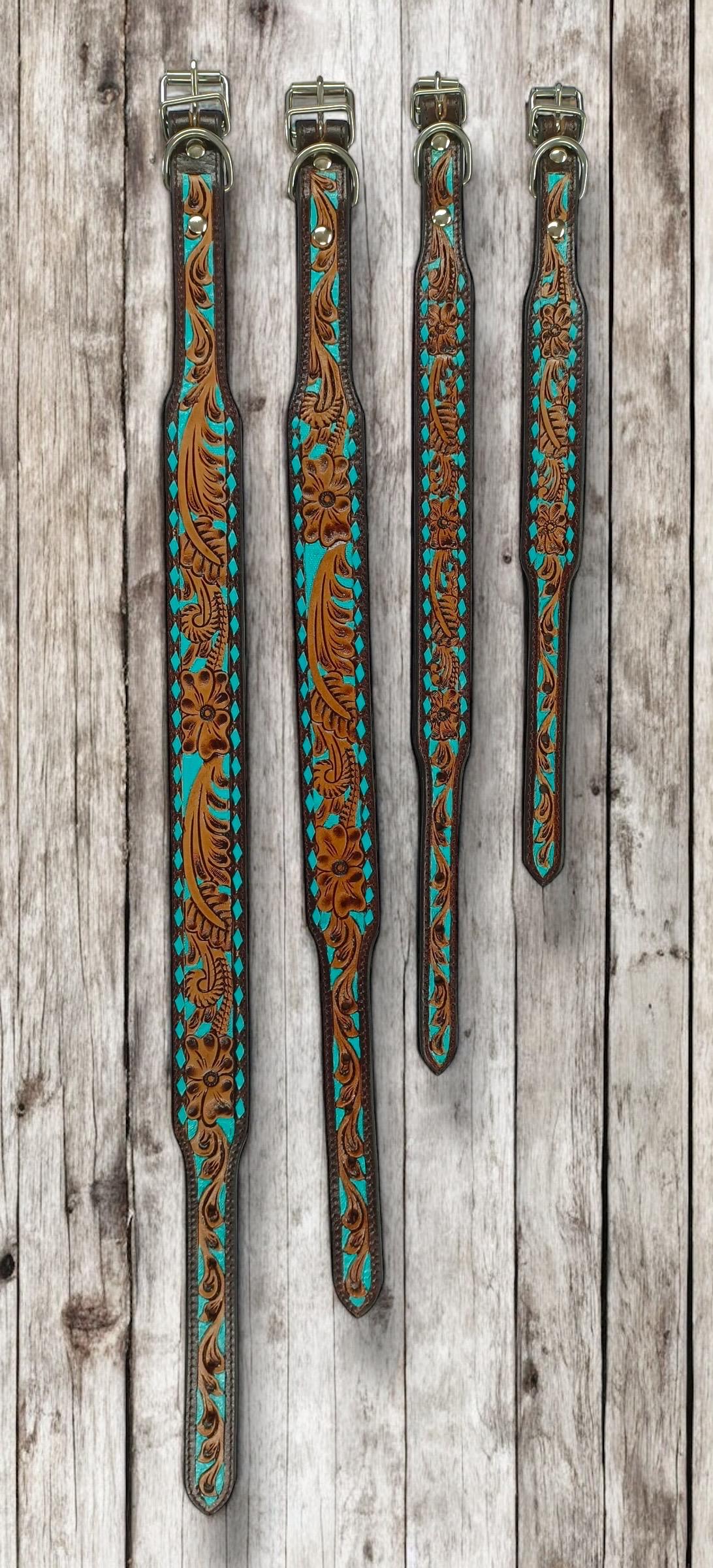 Western Genuine Leather dog collar tooled details aces cards sunflower feather rhinestone cactus floral