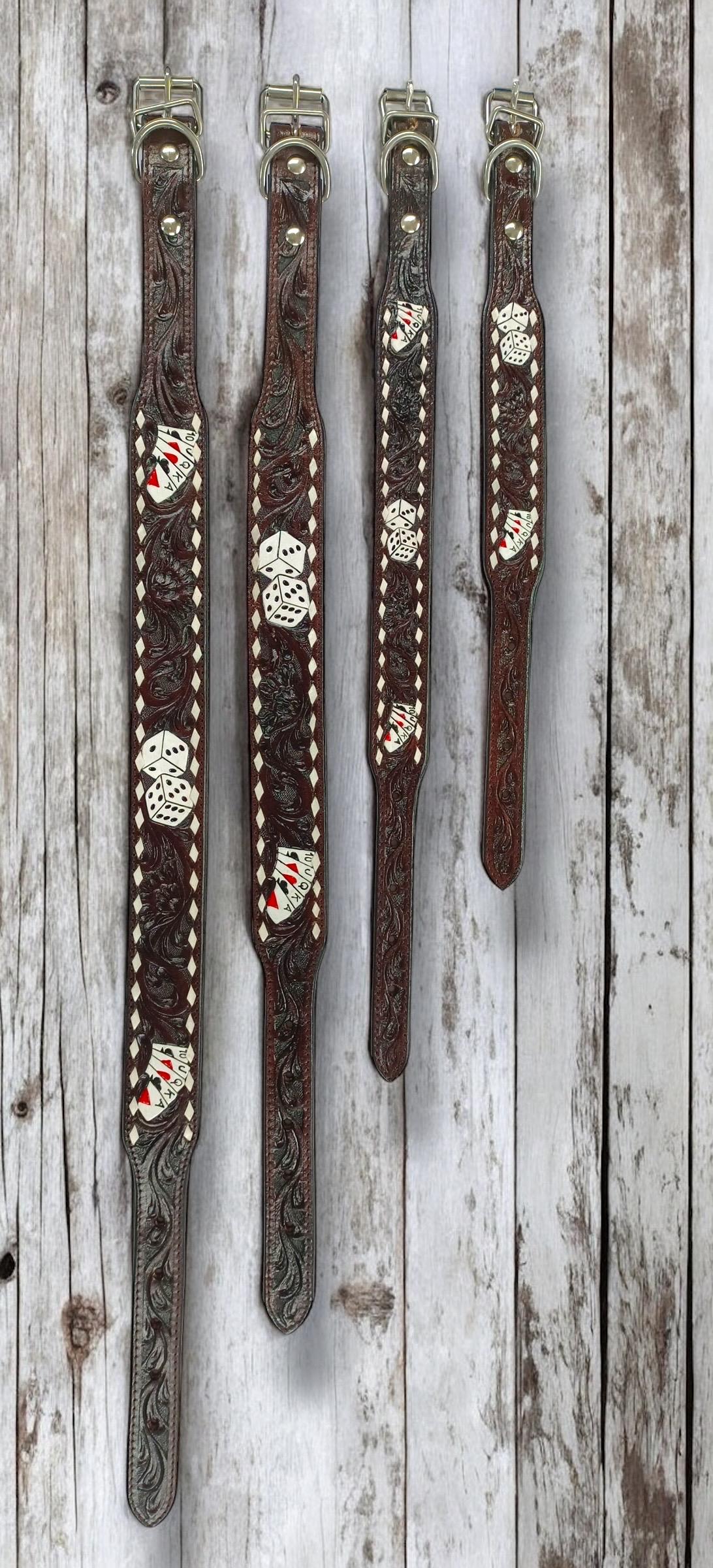 Western Genuine Leather dog collar tooled details aces cards sunflower feather rhinestone cactus floral