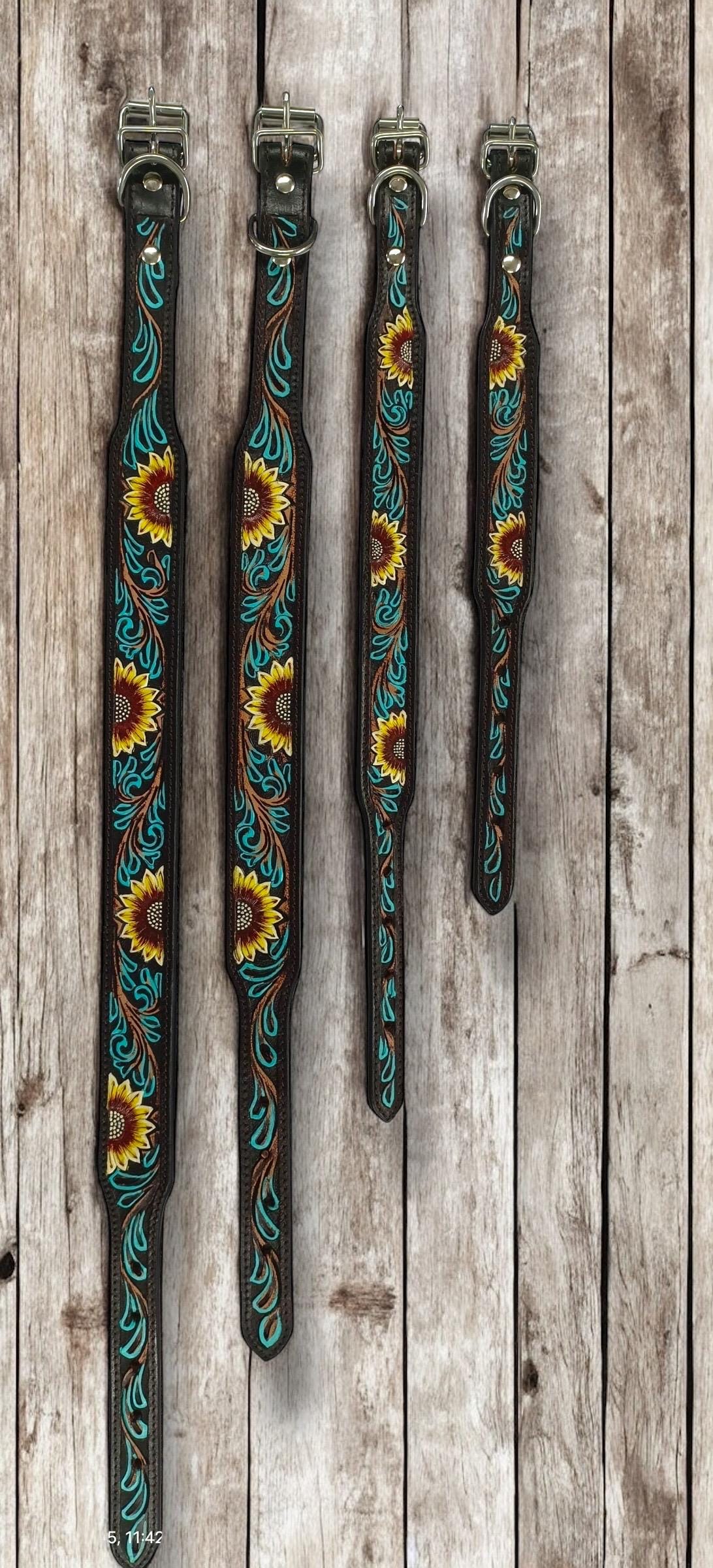 Western Genuine Leather dog collar tooled details aces cards sunflower feather rhinestone cactus floral