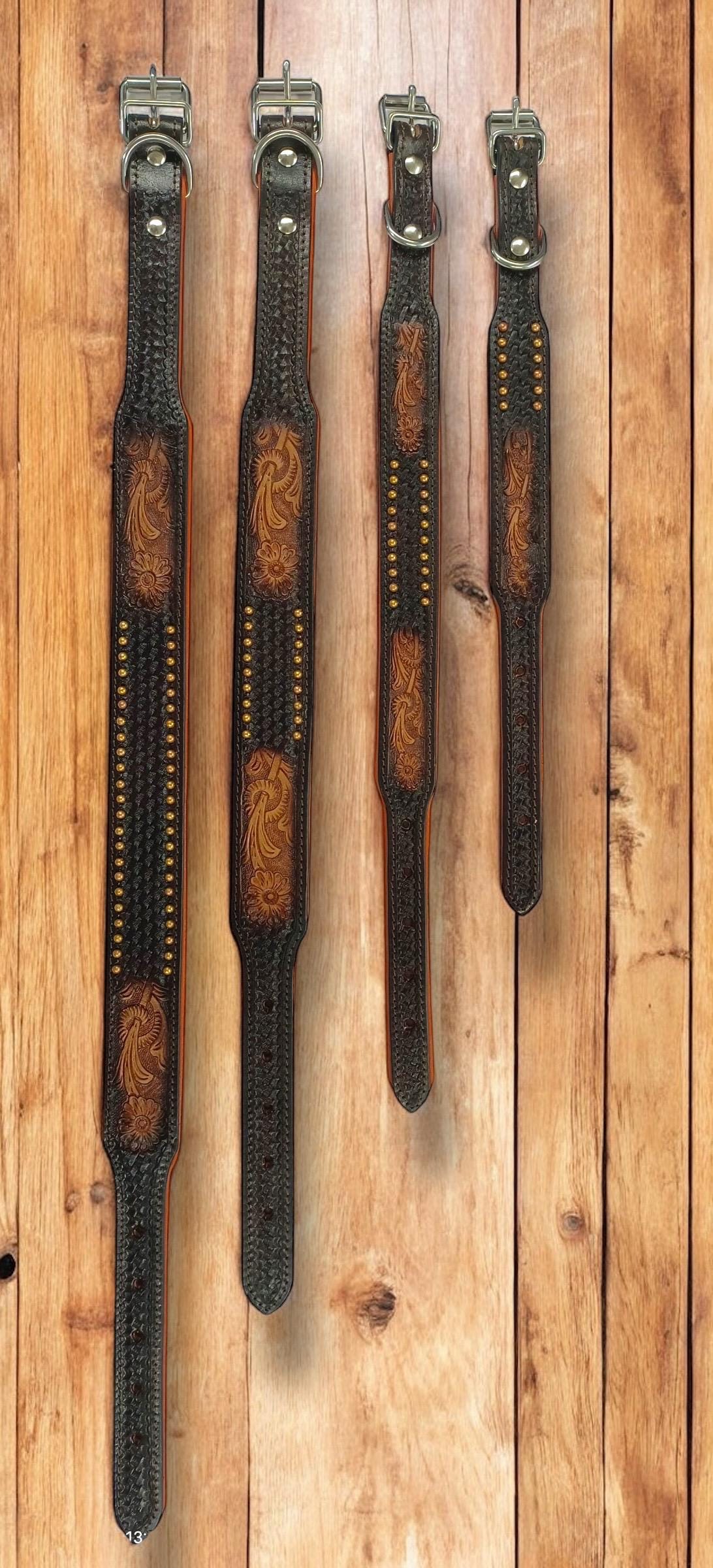 Western Genuine Leather dog collar tooled details aces cards sunflower feather rhinestone cactus floral