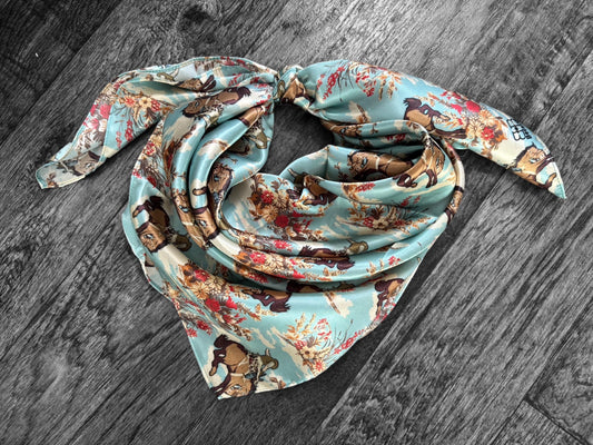 100% Silk Wild Rag Dusty Blue Cowboys and Floral by Double B Wild Rags