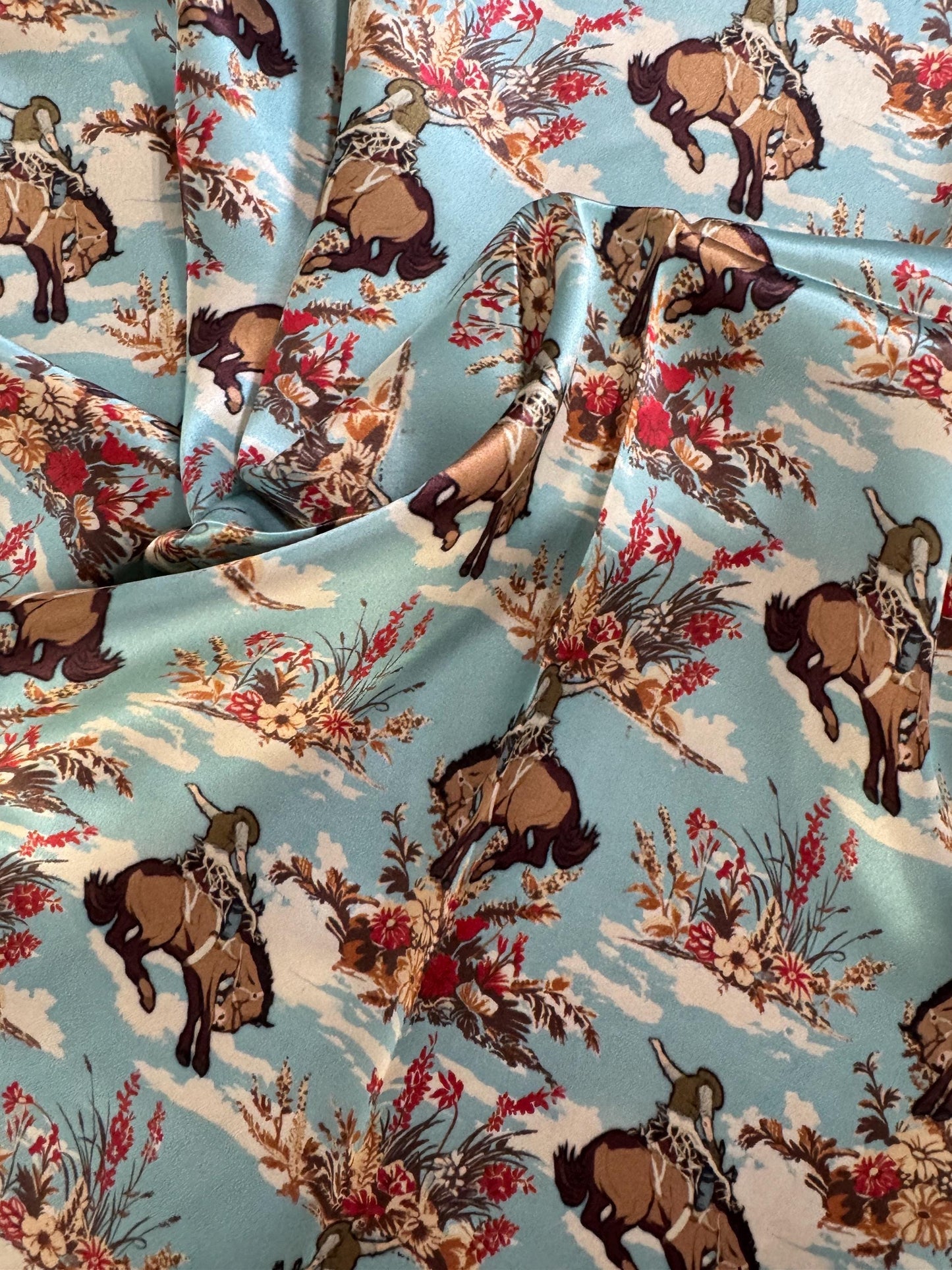 100% Silk Wild Rag Dusty Blue Cowboys and Floral by Double B Wild Rags