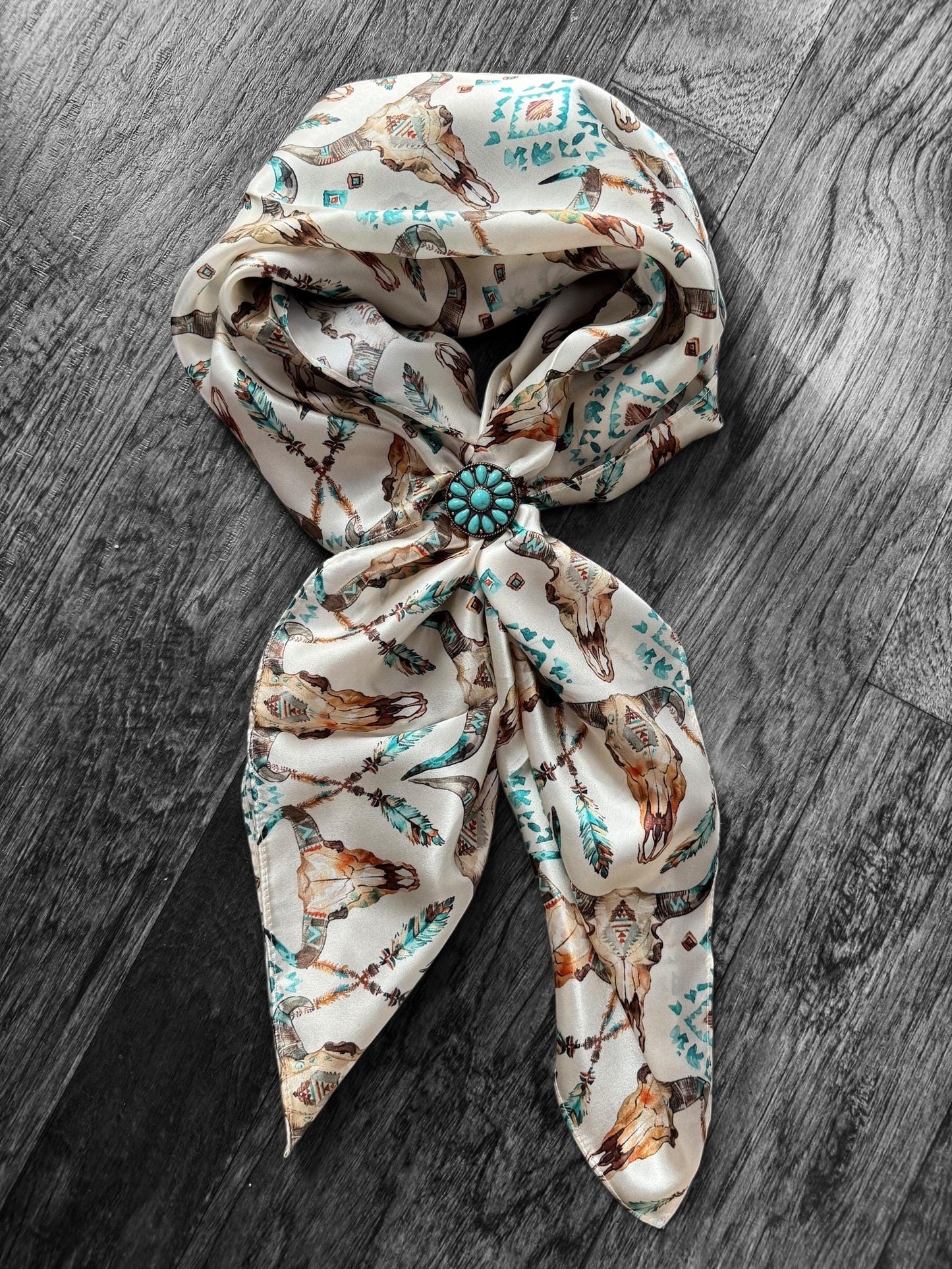 100% Silk Wild Rag Cow Skull and Turquoise by Double B Wild Rags Cowboy Western Scarf
