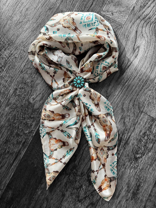100% Silk Wild Rag Cow Skull and Turquoise by Double B Wild Rags Cowboy Western Scarf