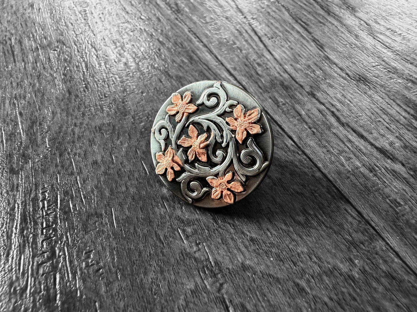 100% Silk Wild Rag Scarf Slide Keeper Brooch by Double B Wild Rags Rose Gold and Antique Silver Floral Design