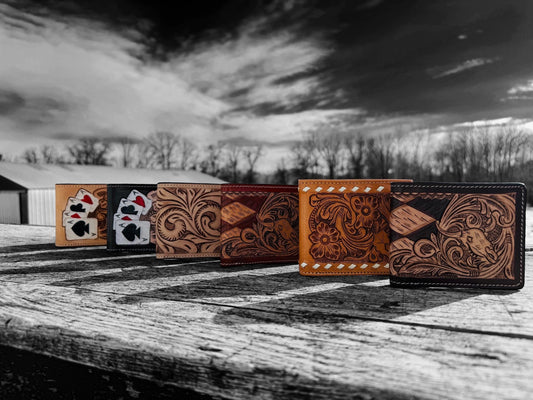 Men’s Western bi-fold wallet tooled floral Cow Skull Aces Cards details by Double B Wild Rags