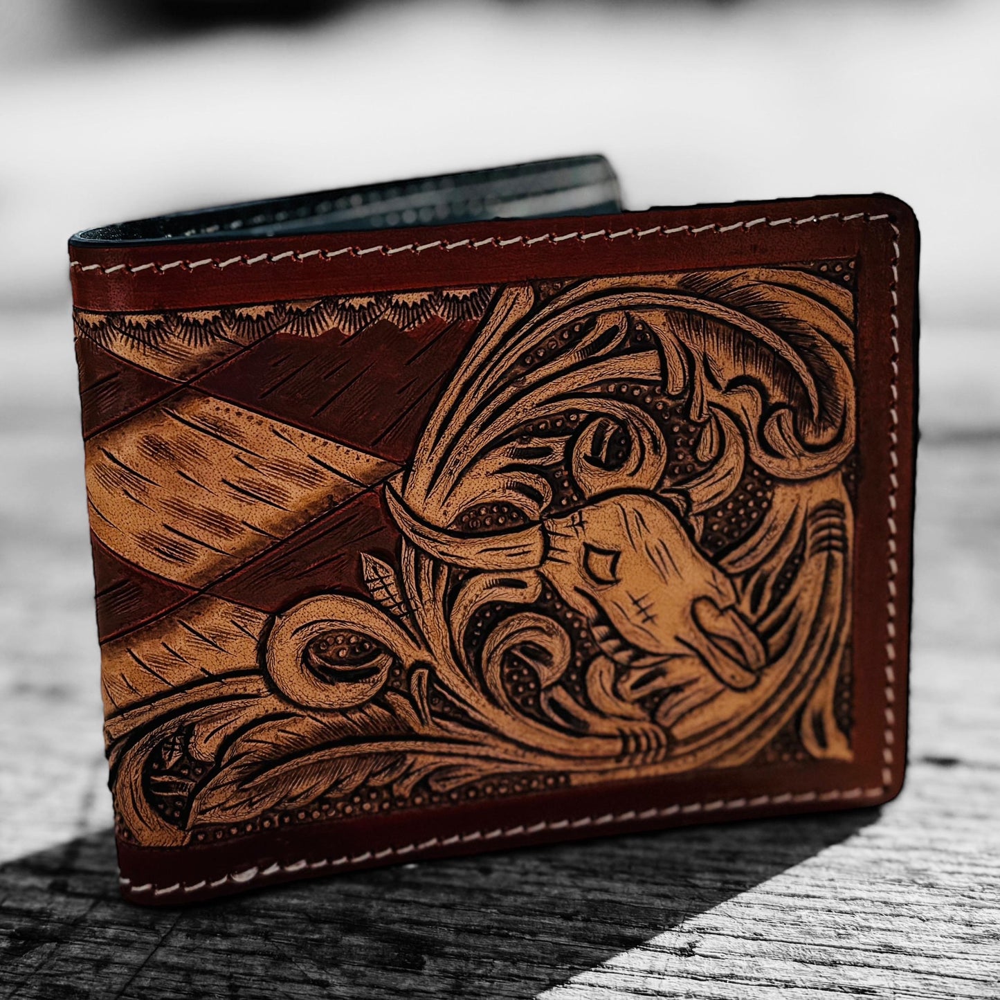 Men’s Western bi-fold wallet tooled floral Cow Skull Aces Cards details by Double B Wild Rags