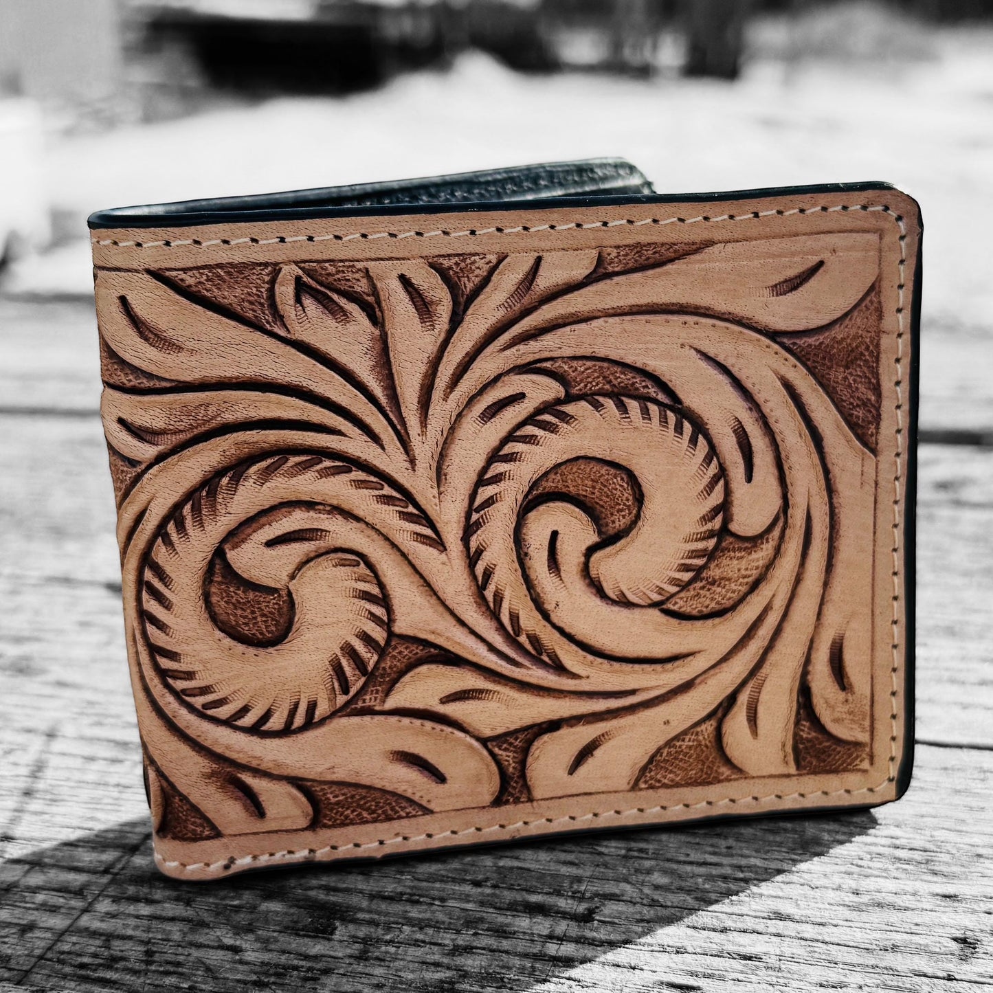 Men’s Western bi-fold wallet tooled floral Cow Skull Aces Cards details by Double B Wild Rags