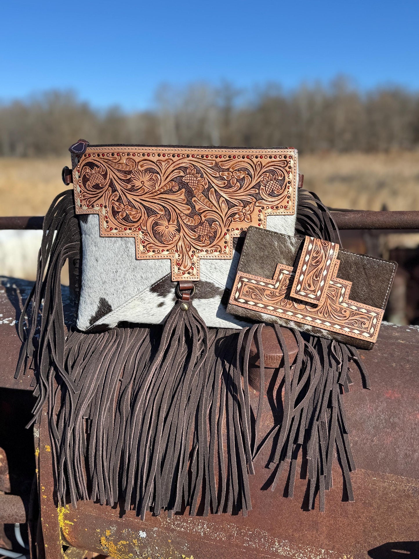Genuine Western Cowhide Leather Purse and Wallet with details and fringe by Double B Wild Rags