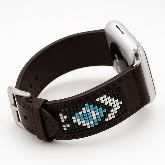 Western Native Seed Bead Leather Apple Watch Band by Double B Wild Rags Fits 42mm 44mm 45mm