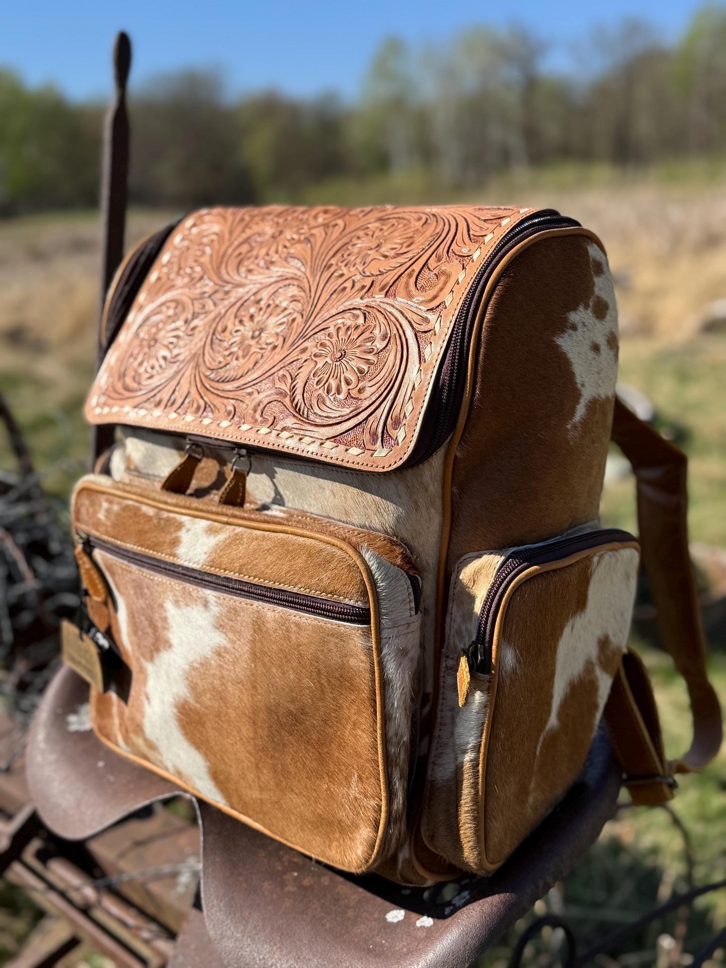 Genuine Western Cowhide Leather Backpack Diaper Bag Personal Item carry-on luggage