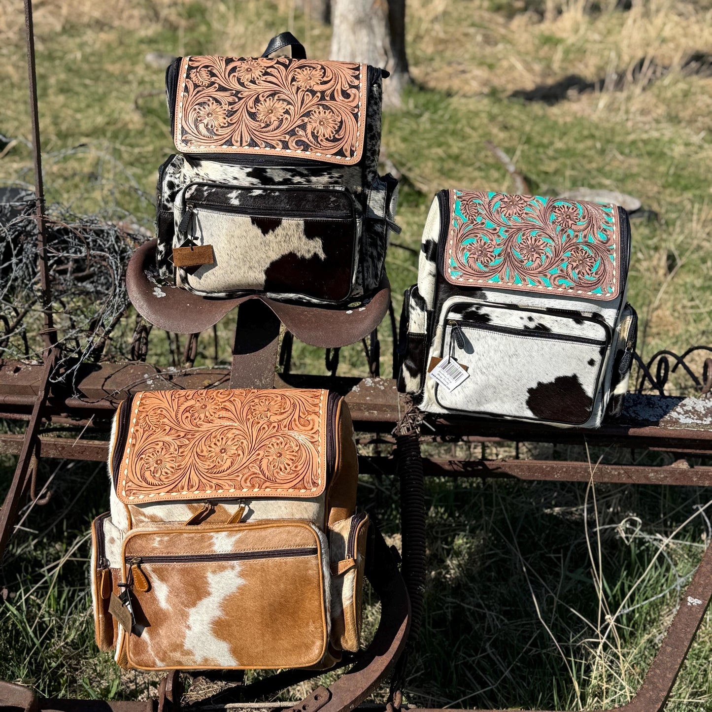 Genuine Western Cowhide Leather Backpack Diaper Bag Personal Item carry-on luggage