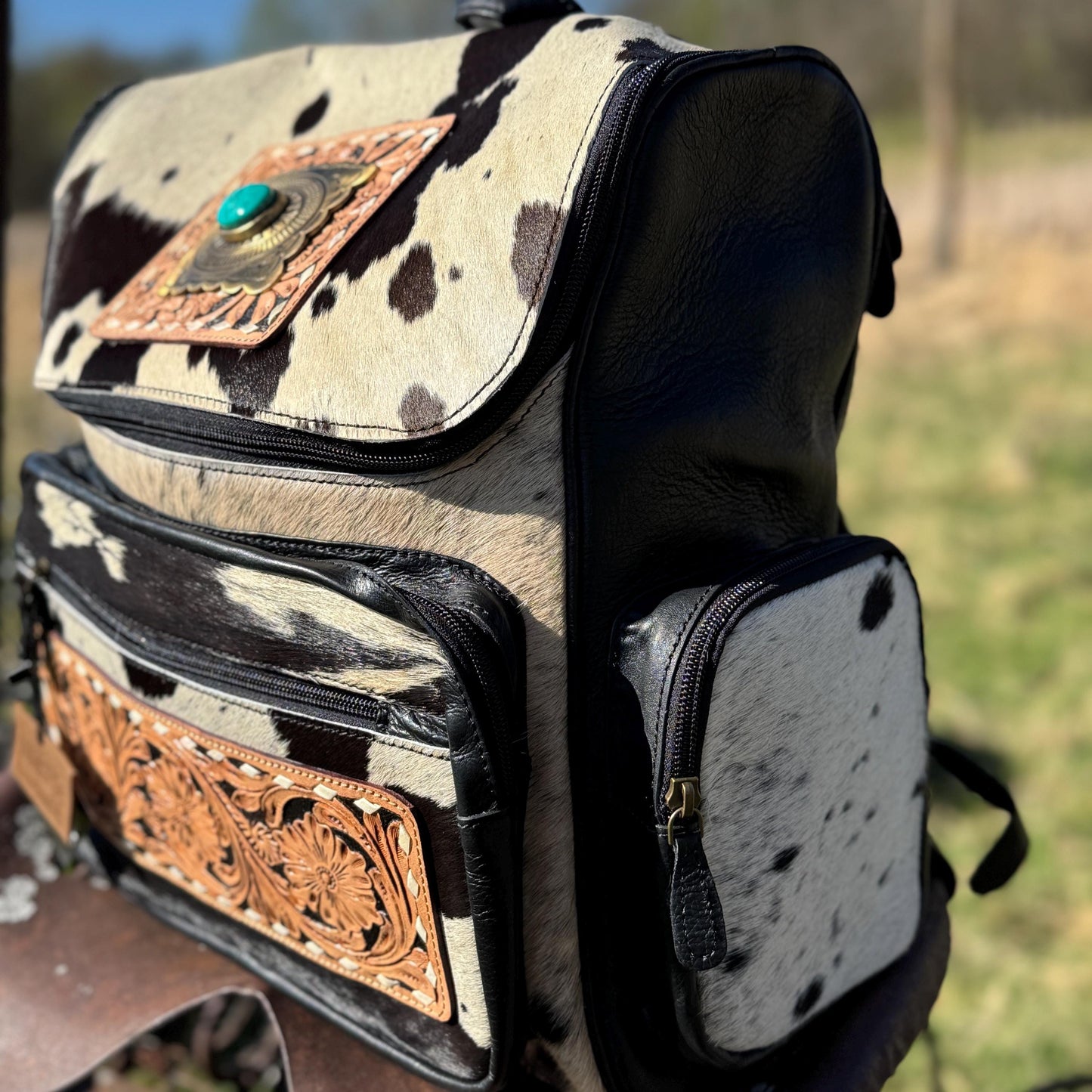 Genuine Western Cowhide Leather Backpack Diaper Bag Personal Item carry-on luggage