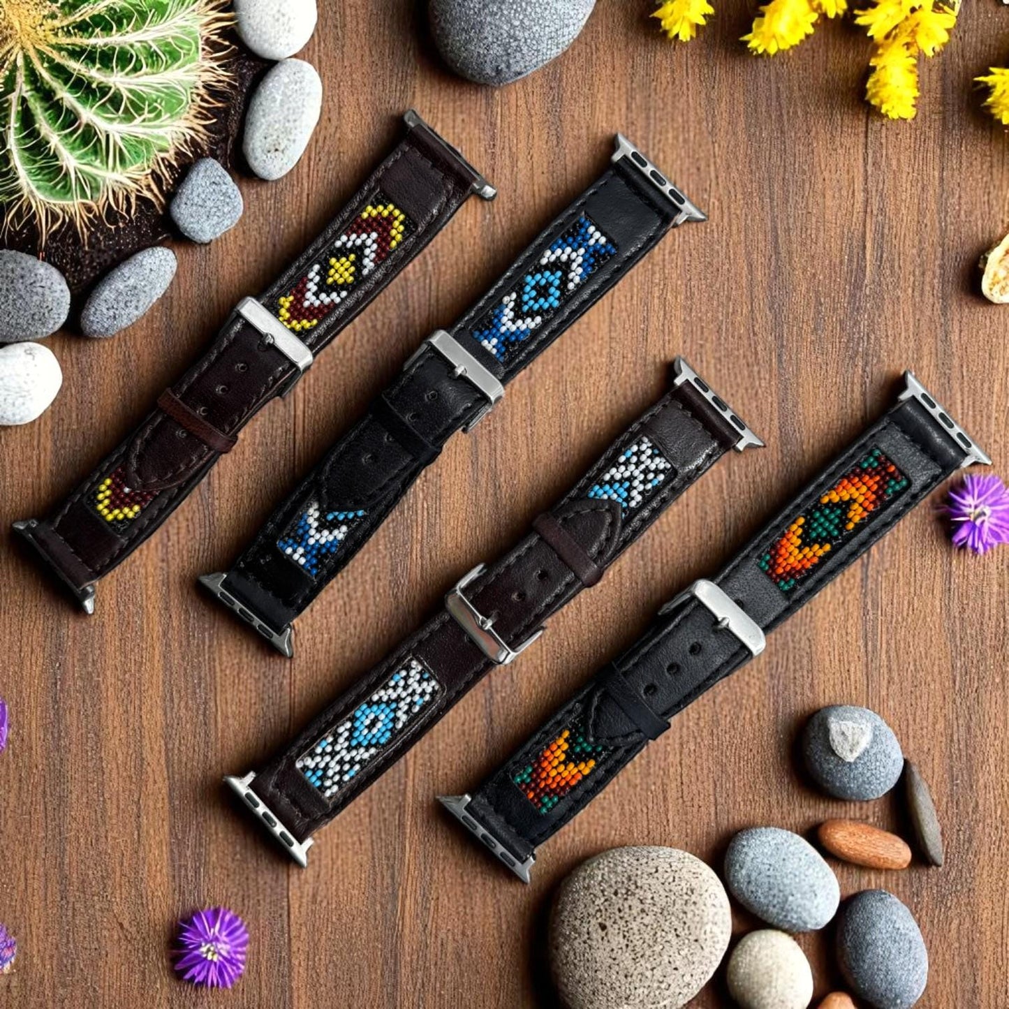 Western Native Seed Bead Leather Apple Watch Band by Double B Wild Rags Fits 42mm 44mm 45mm