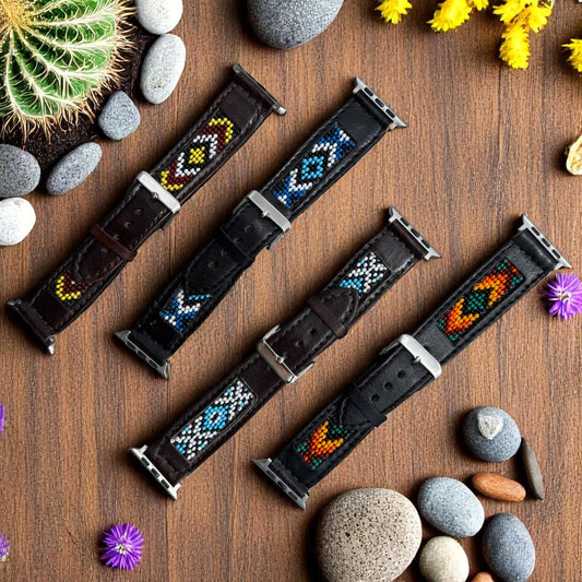 Western Native Seed Bead Leather Apple Watch Band by Double B Wild Rags Fits 42mm 44mm 45mm