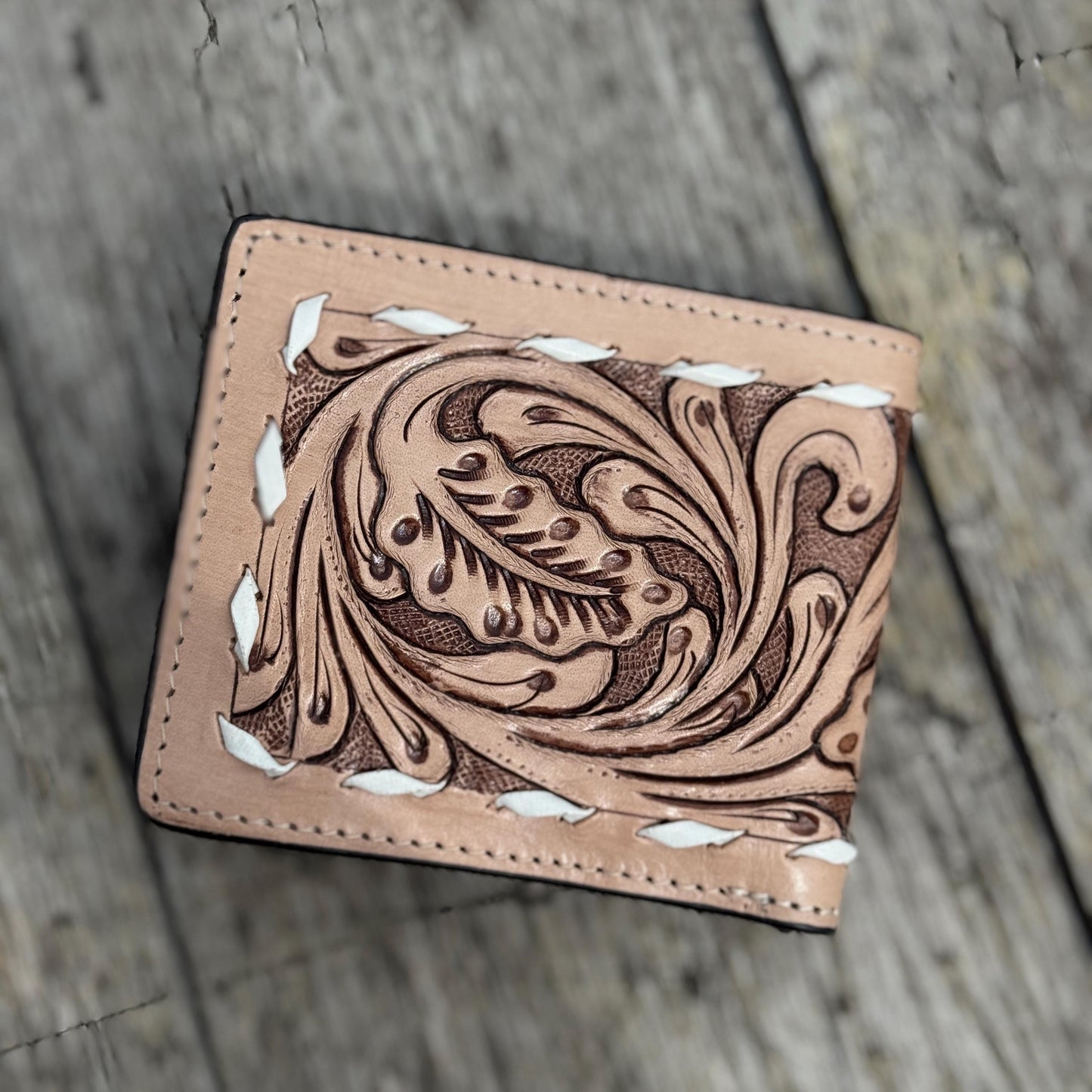 Men’s Western bi-fold wallet tooled Aces Cards with buckstitch details by Double B Wild Rags