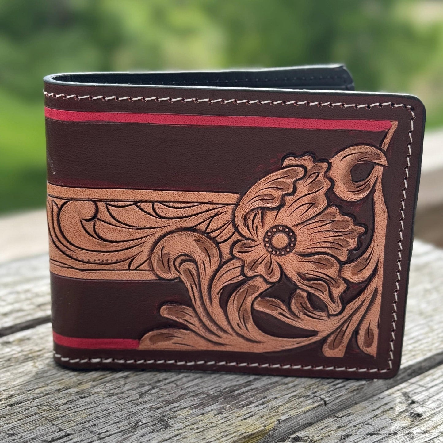 Men's Western bi-fold wallet tooled floral details by Double B Wild Rags