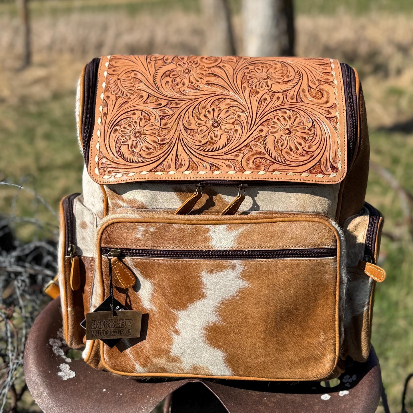 Genuine Western Cowhide Leather Backpack Diaper Bag Personal Item carry-on luggage