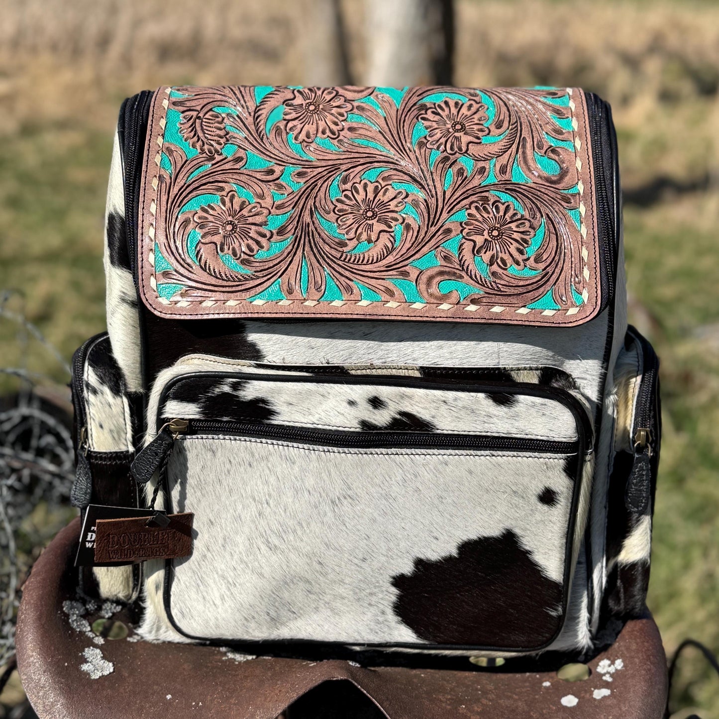 Genuine Western Cowhide Leather Backpack Diaper Bag Personal Item carry-on luggage