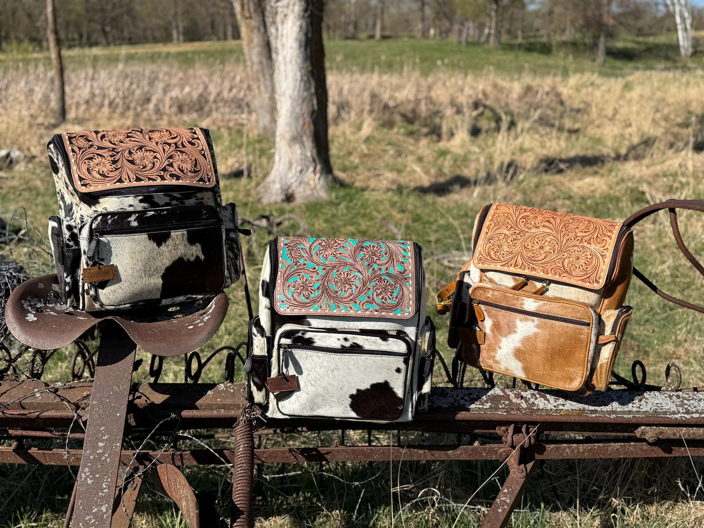 Genuine Western Cowhide Leather Backpack Diaper Bag Personal Item carry-on luggage