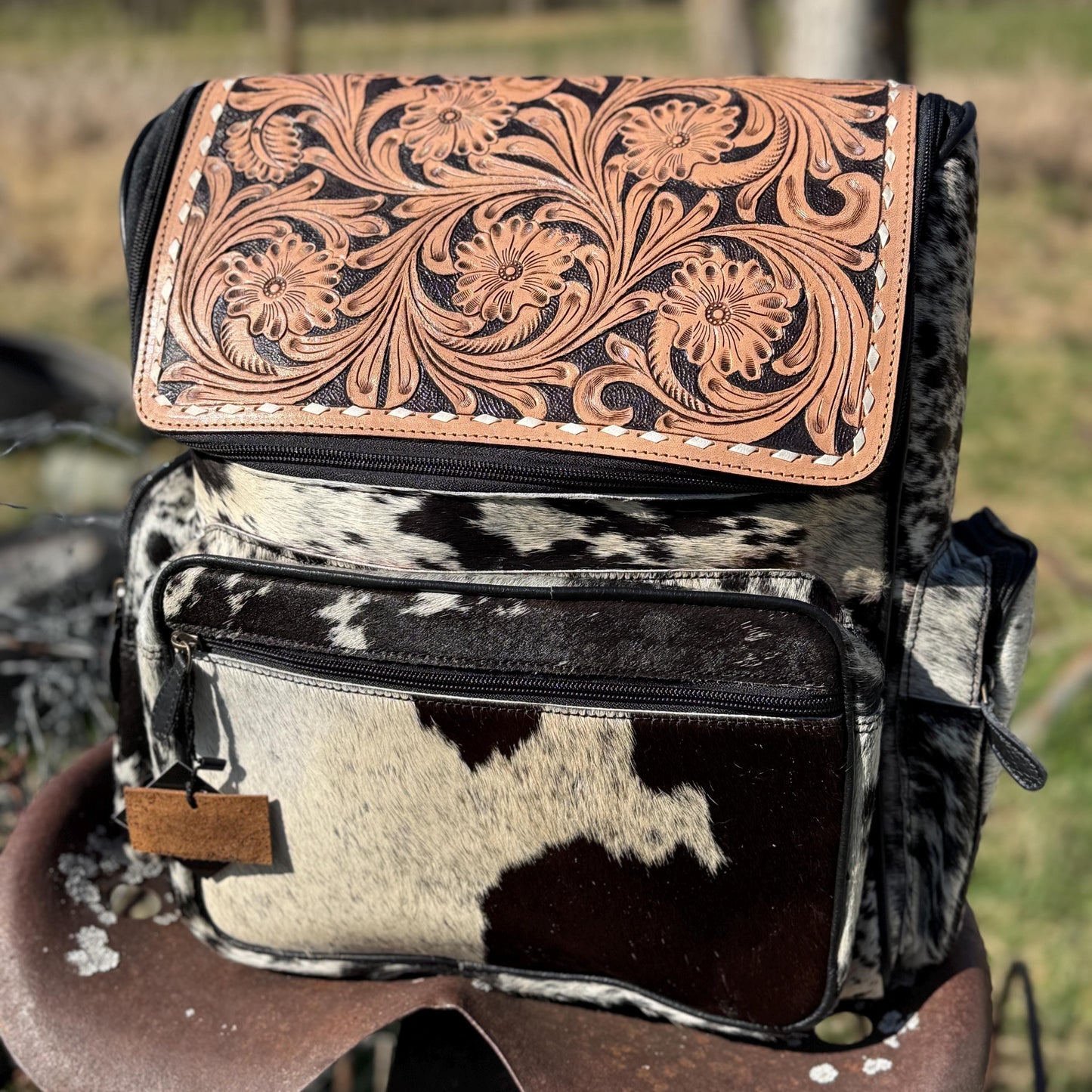 Genuine Western Cowhide Leather Backpack Diaper Bag Personal Item carry-on luggage