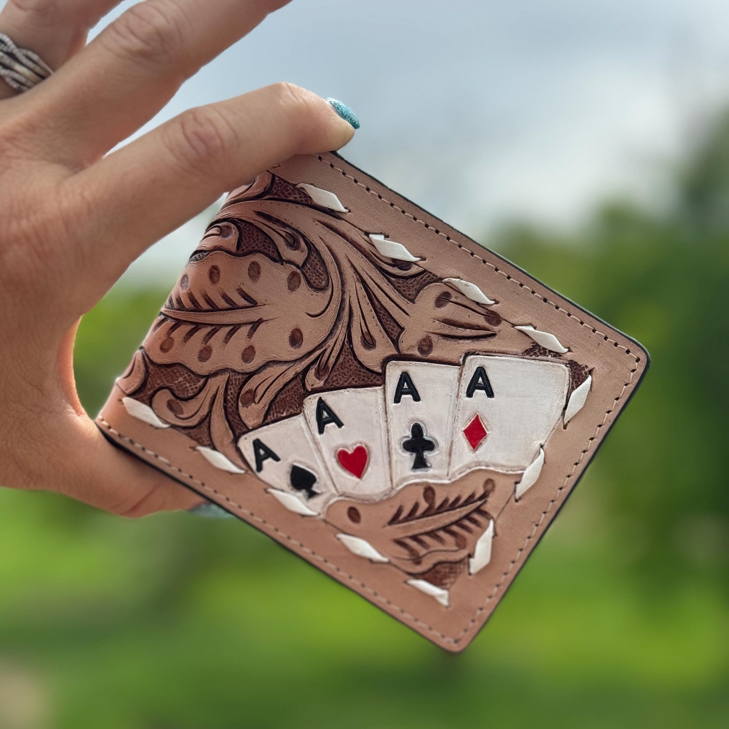Men’s Western bi-fold wallet tooled Aces Cards with buckstitch details by Double B Wild Rags