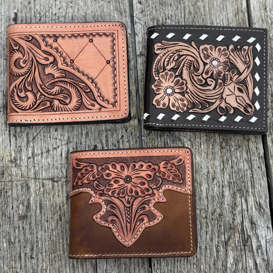 Men’s Western bi-fold wallet tooled floral Cow Skull Aces Cards details by Double B Wild Rags