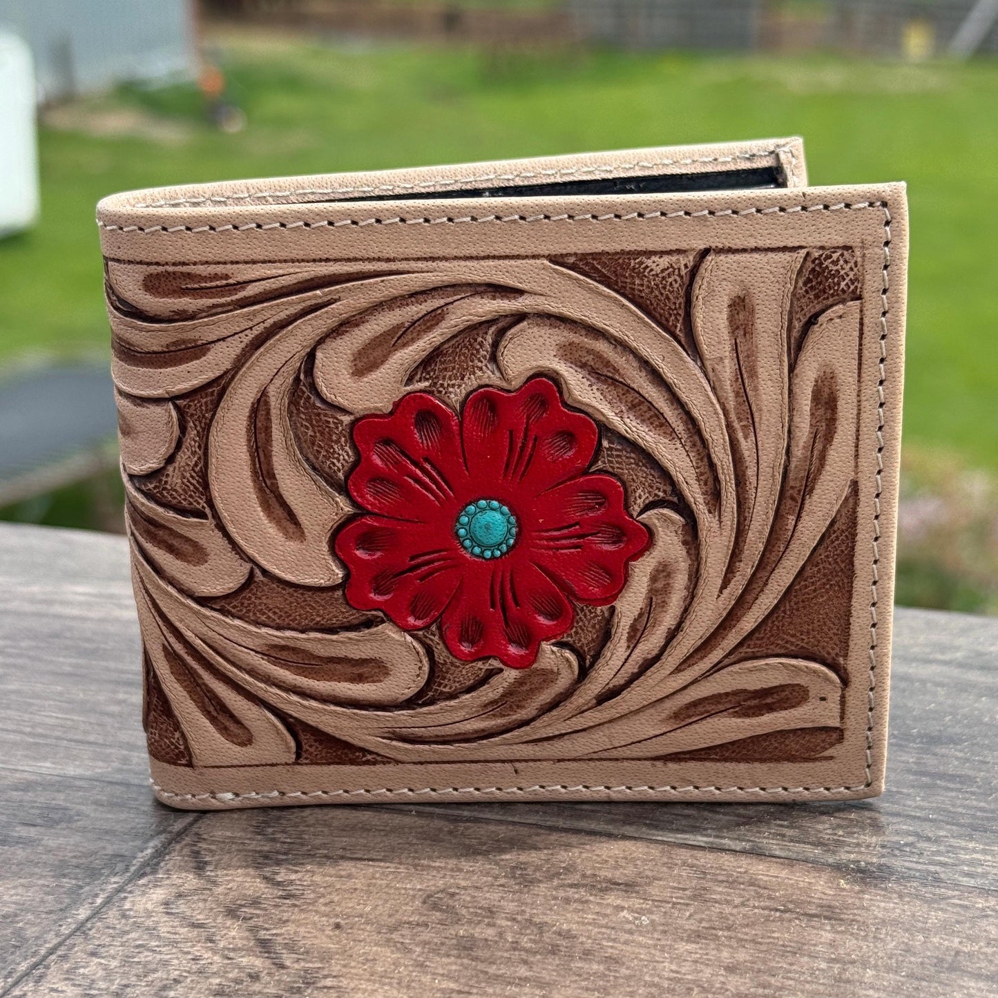 Men's Western bi-fold wallet tooled floral details by Double B Wild Rags