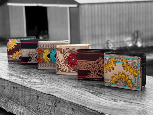 Men's Western bi-fold wallet tooled floral details by Double B Wild Rags