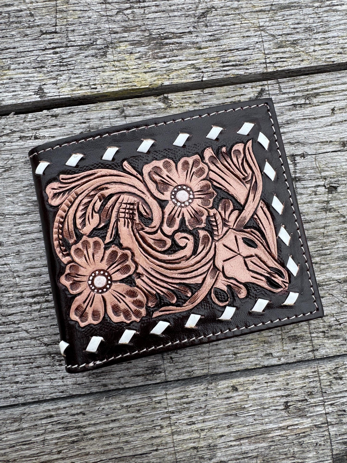 Men’s Western bi-fold wallet tooled floral Cow Skull Aces Cards details by Double B Wild Rags