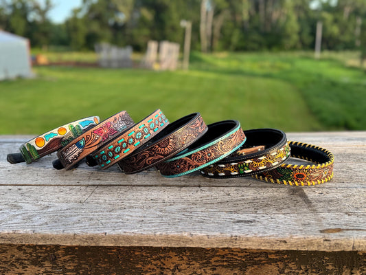 Western Genuine Leather dog collar or leash tooled details of sunflower daisy cactus floral turquoise feather
