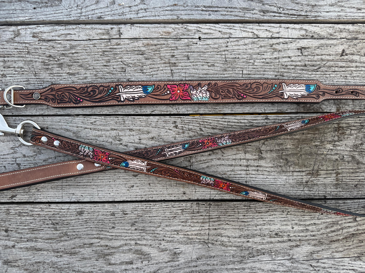 Western Genuine Leather dog collar or leash tooled details of sunflower daisy cactus floral turquoise feather