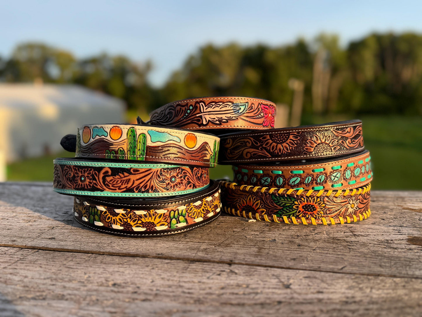 Western Genuine Leather dog collar or leash tooled details of sunflower daisy cactus floral turquoise feather