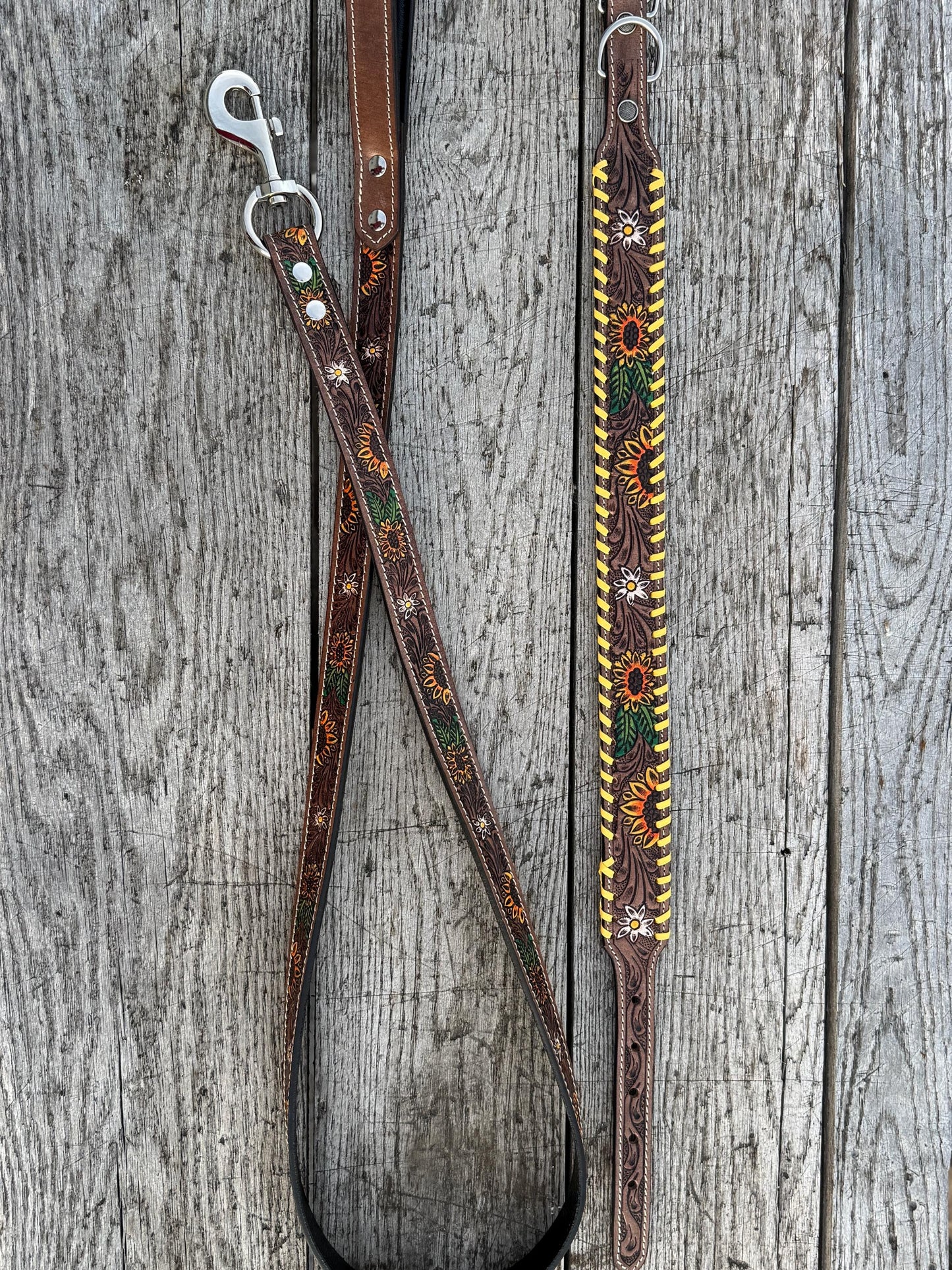 Western Genuine Leather dog collar or leash tooled details of sunflower daisy cactus floral turquoise feather