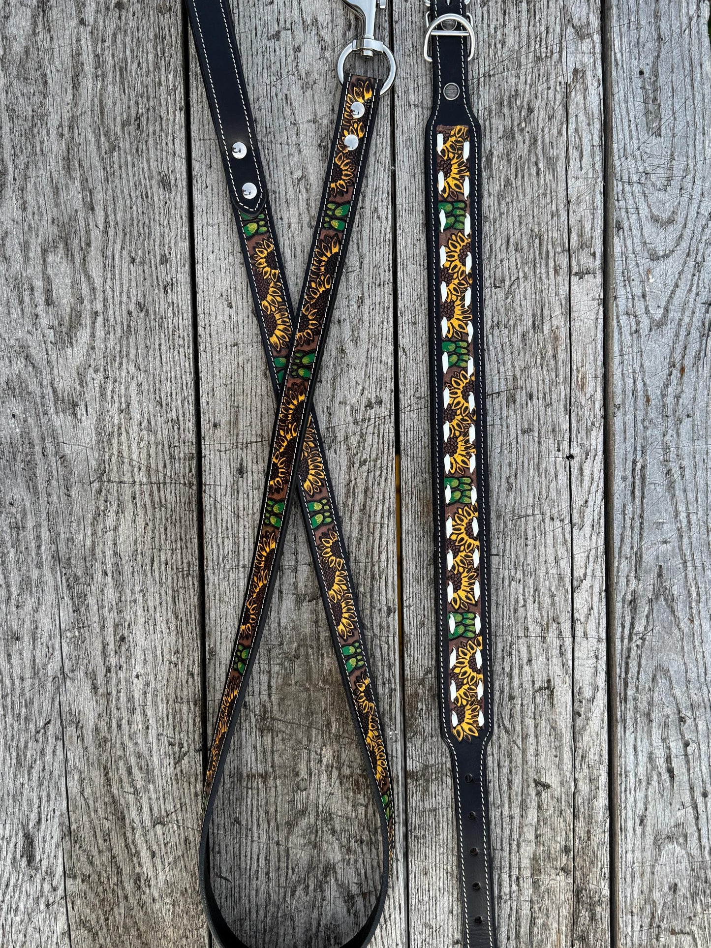 Western Genuine Leather dog collar or leash tooled details of sunflower daisy cactus floral turquoise feather