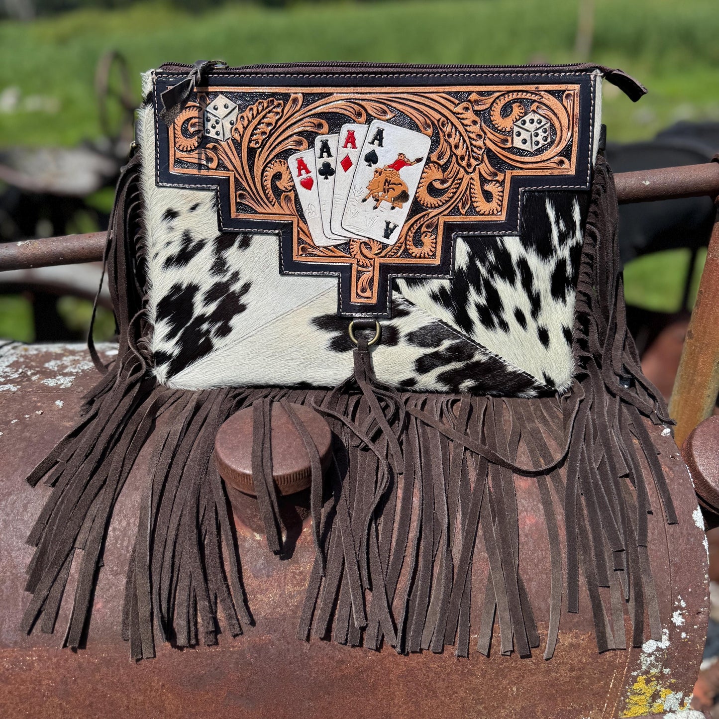 Genuine Western Cowhide Leather Purse and Clutch with Ace Cards and Dice painted details a Double B Wild Rags Exclusive