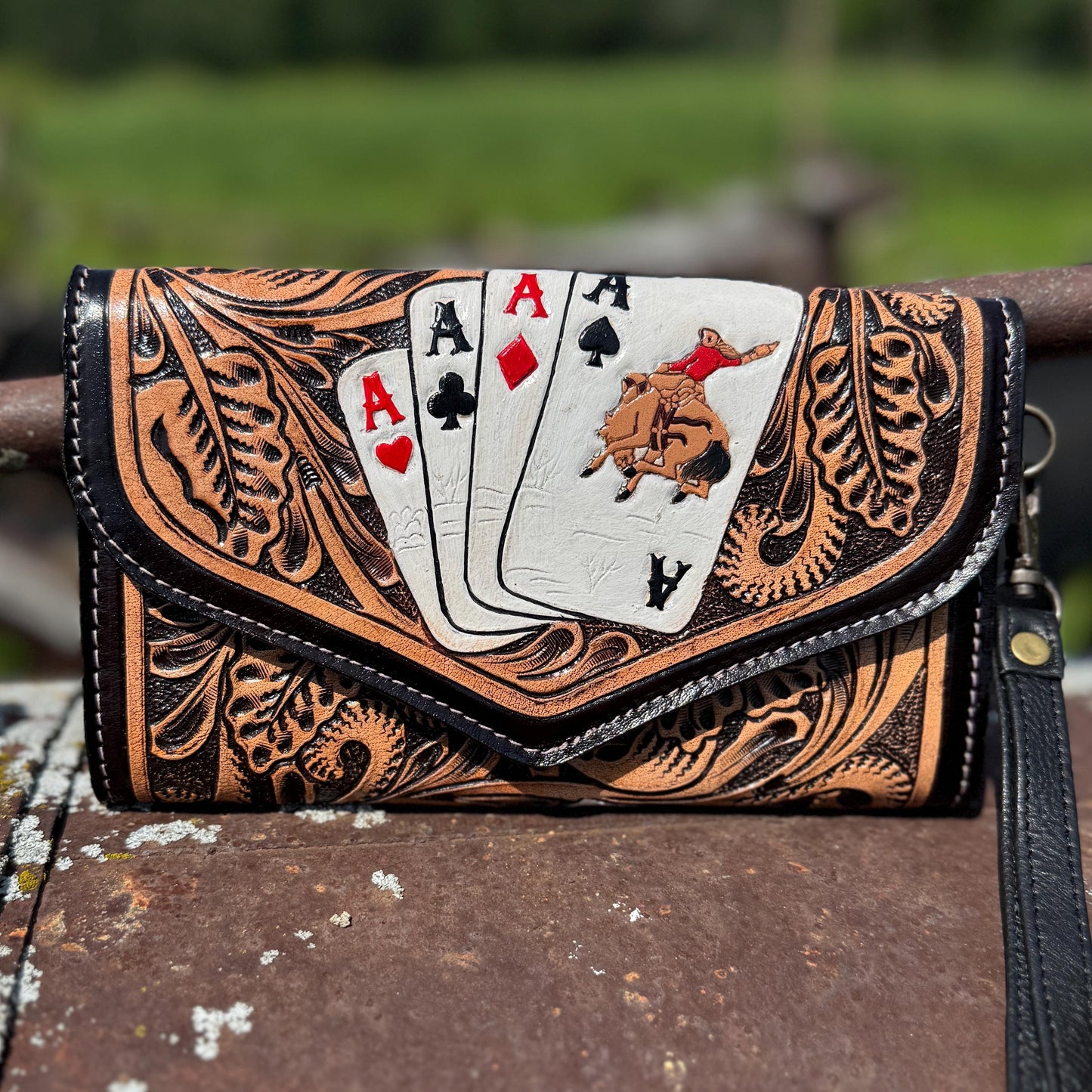 Genuine Western Cowhide Leather Purse and Clutch with Ace Cards and Dice painted details a Double B Wild Rags Exclusive