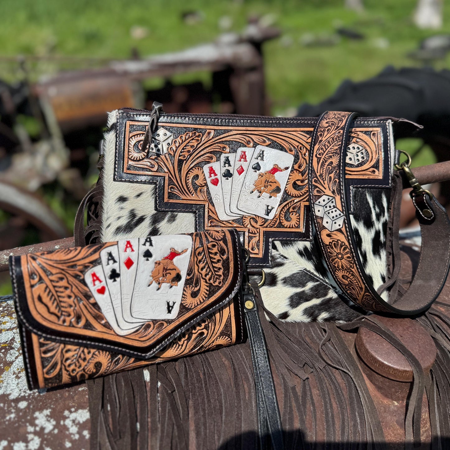 Genuine Western Cowhide Leather Purse and Clutch with Ace Cards and Dice painted details a Double B Wild Rags Exclusive
