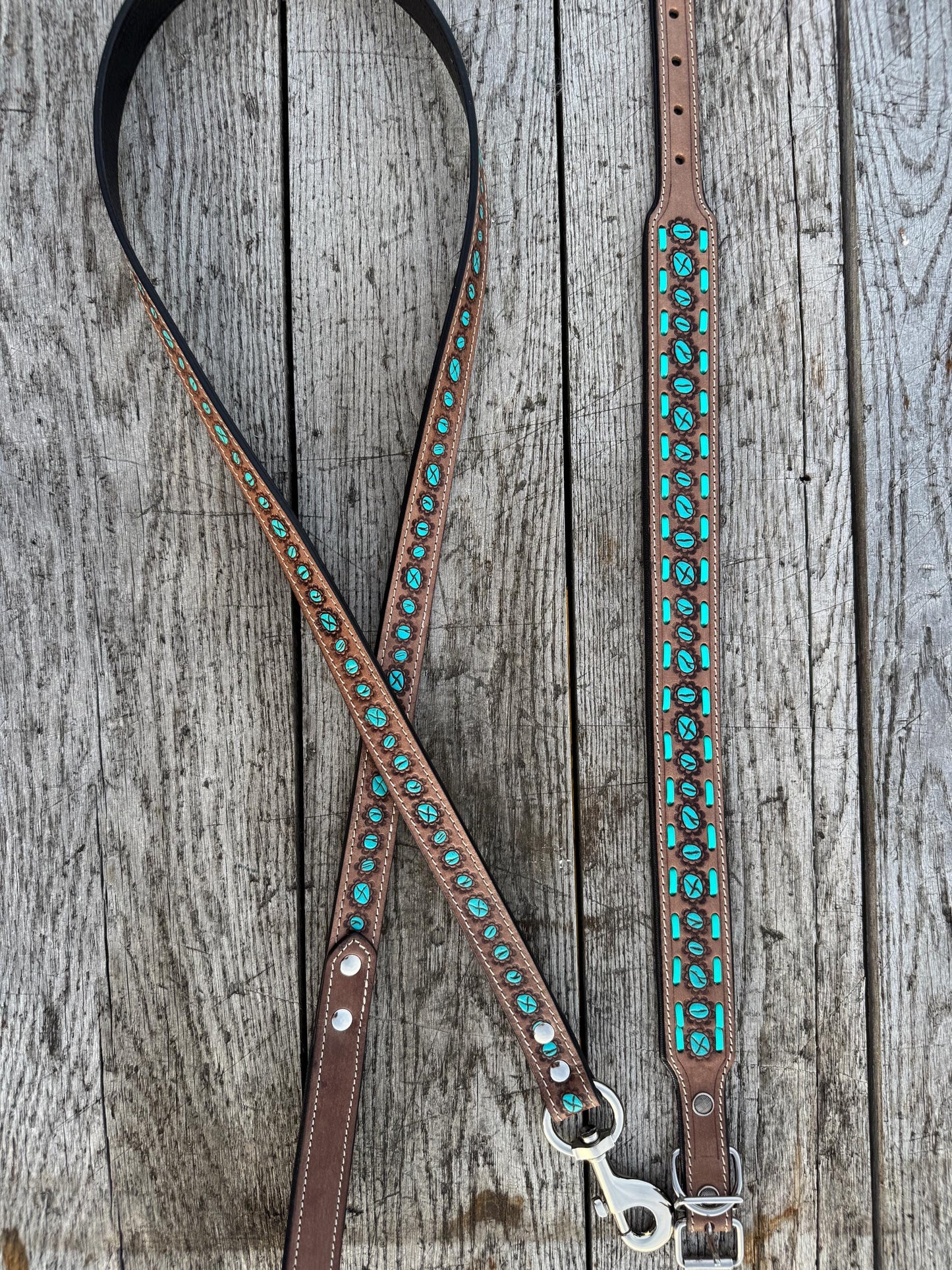 Western Genuine Leather dog collar or leash tooled details of sunflower daisy cactus floral turquoise feather