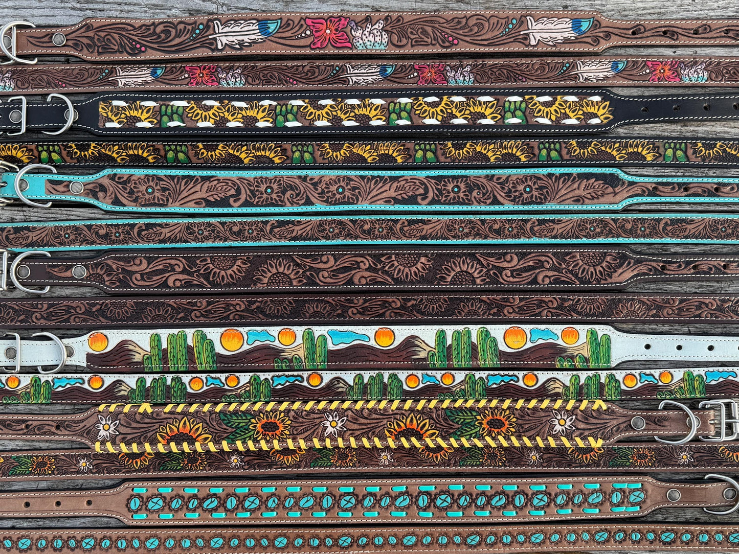 Western Genuine Leather dog collar or leash tooled details of sunflower daisy cactus floral turquoise feather