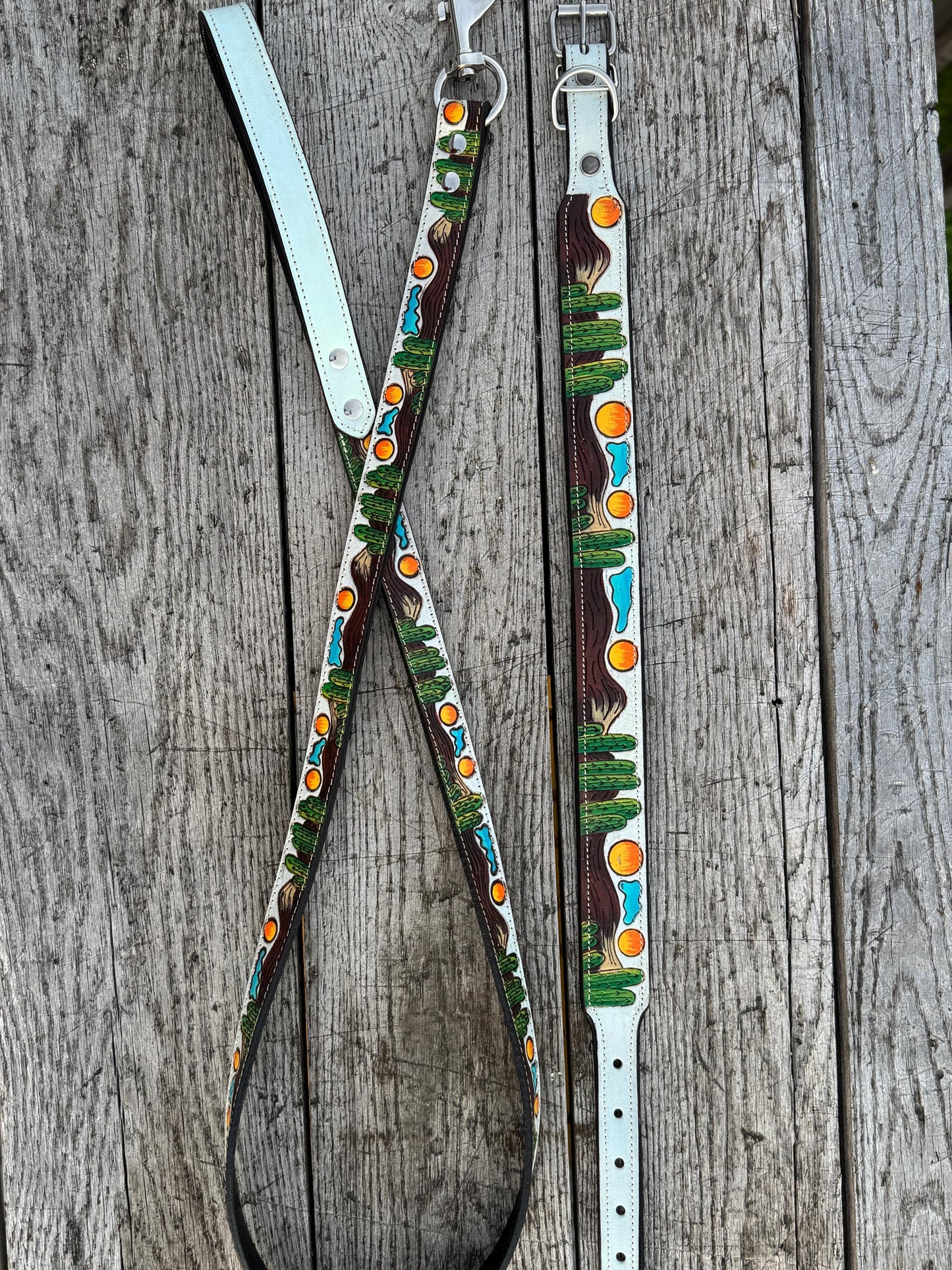 Western Genuine Leather dog collar or leash tooled details of sunflower daisy cactus floral turquoise feather