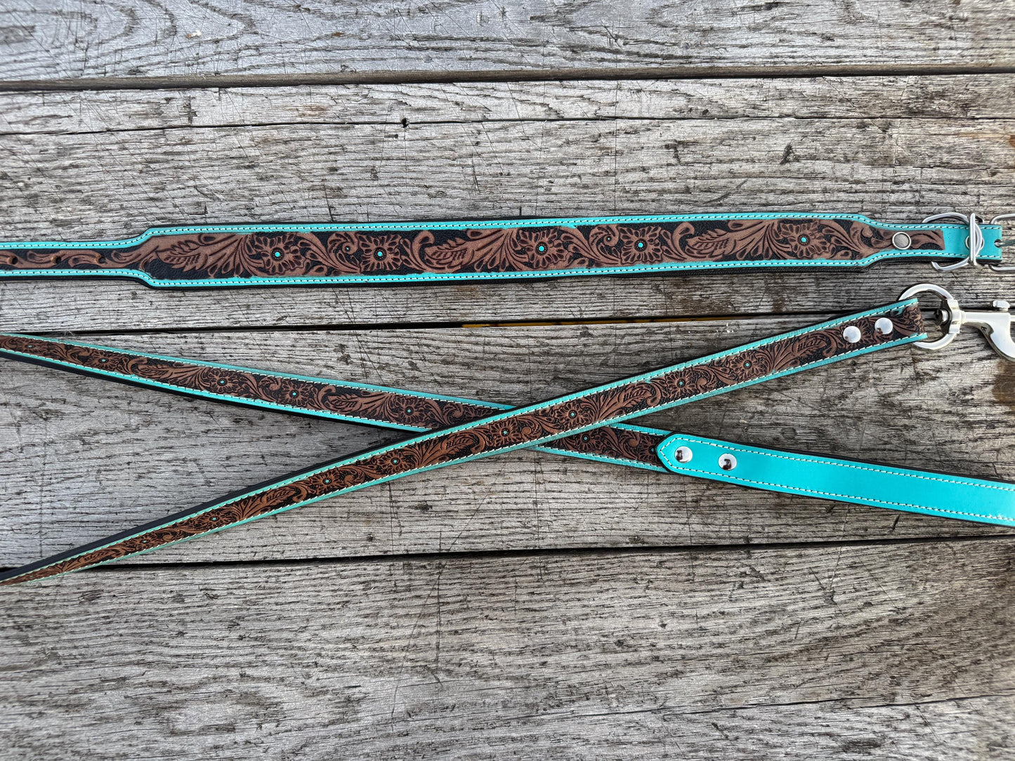 Western Genuine Leather dog collar or leash tooled details of sunflower daisy cactus floral turquoise feather