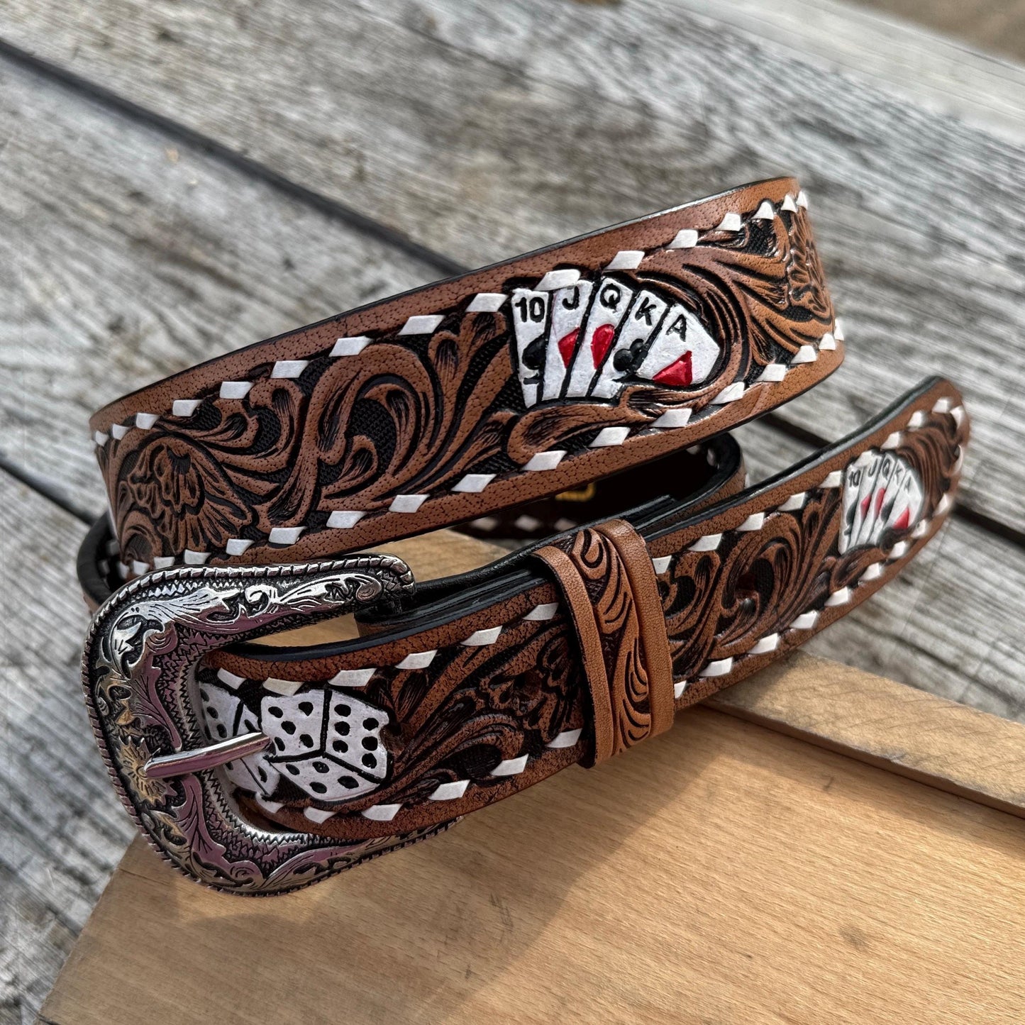 Genuine Leather Western Belt with tooled cards and dice by Double B Wild Rags