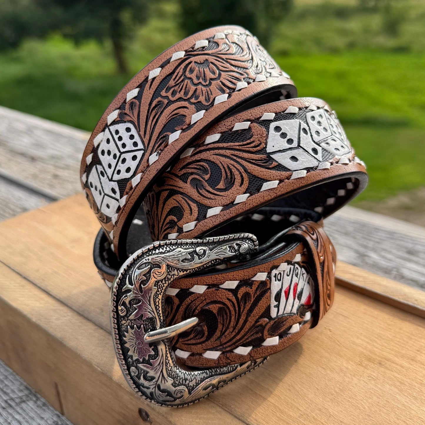 Genuine Leather Western Belt with tooled cards and dice by Double B Wild Rags